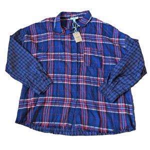 UMGEE Womens Plus 2XL Button Down Plaid Shirt With Fringe Frayed Hem Red Blue